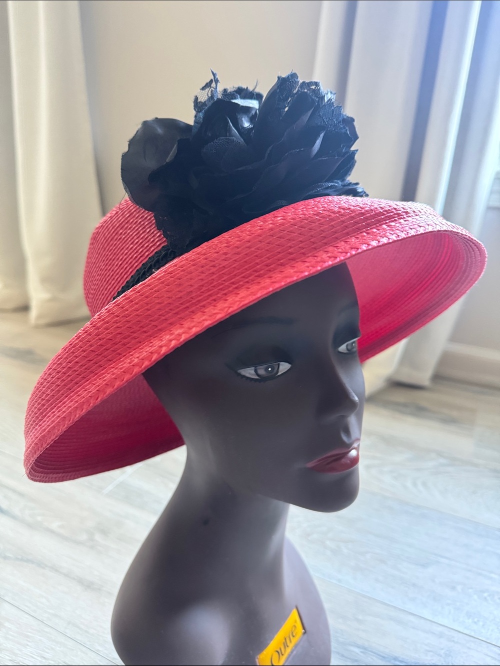 Women's Pink Wide Brim Hat with Black Flower Accent